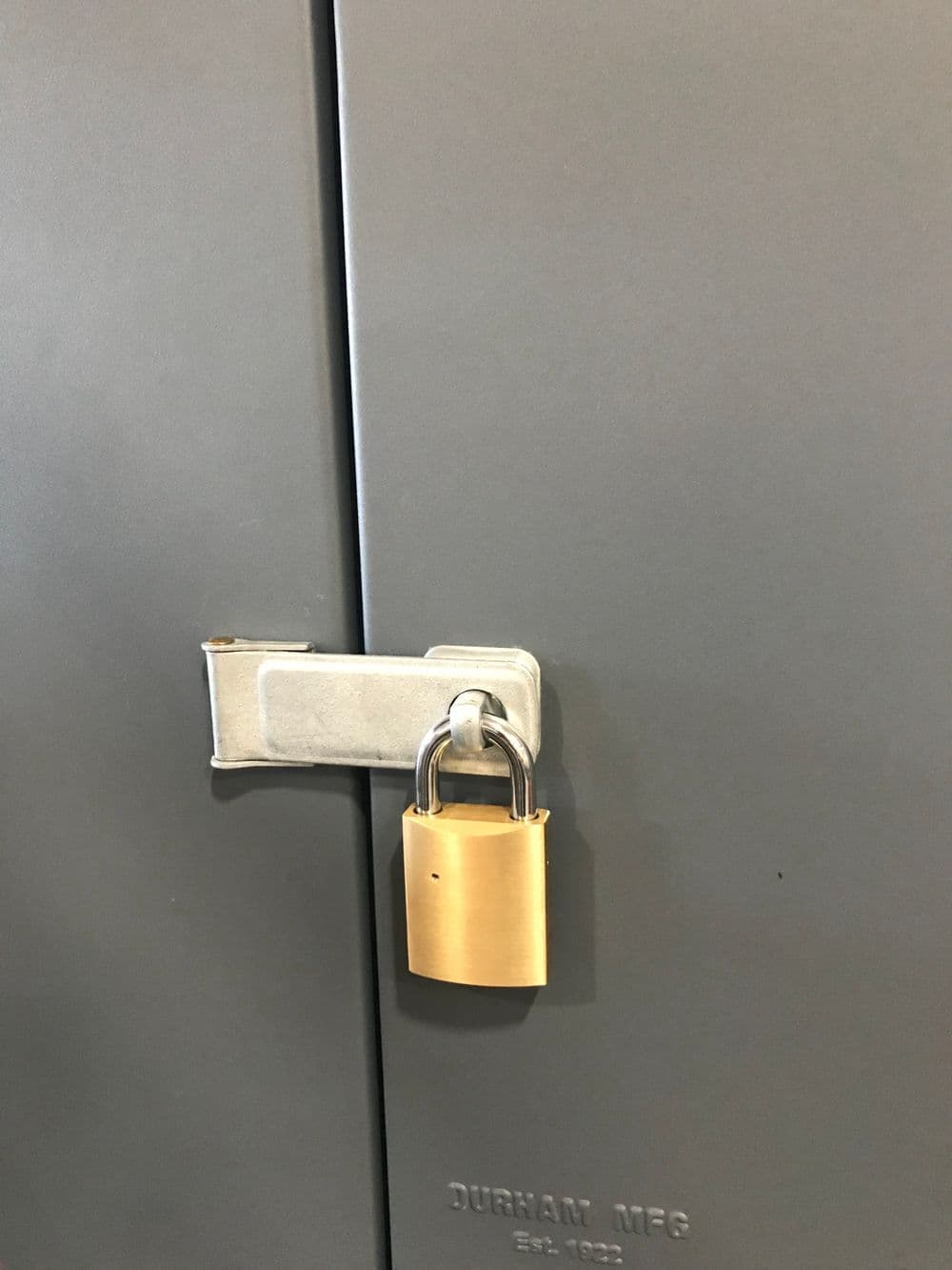 Locked gray storage cabinet with a golden padlock, showcasing security features.