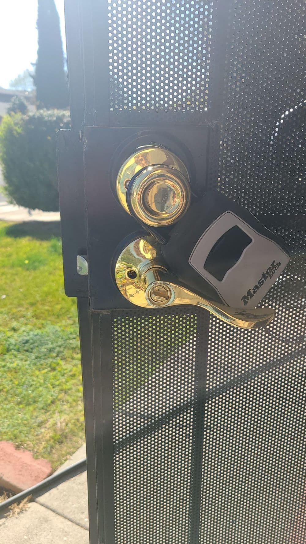 Close-up of a gold door lock on a mesh screen door, highlighting security features.