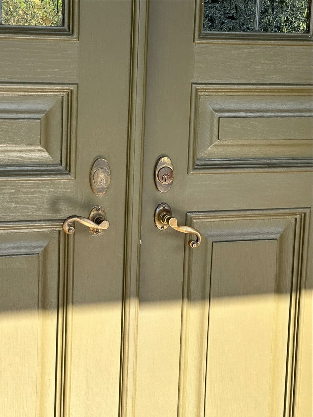 Elegant green double doors with ornate brass handles and locks. Natural light casts a shadow.