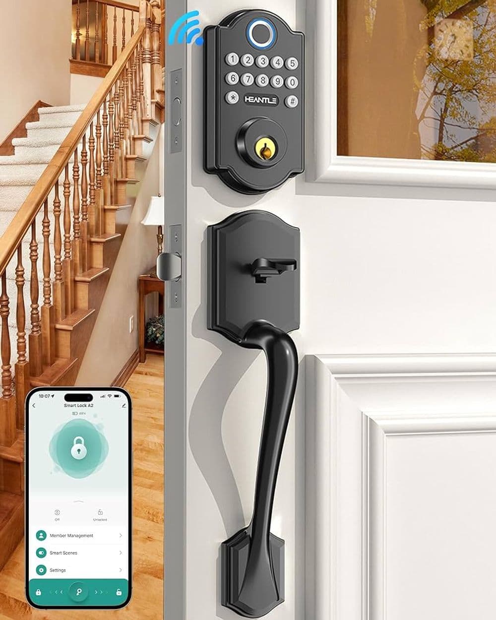 Smart lock on a door with keypad, connected to a smartphone app for remote access and monitoring.